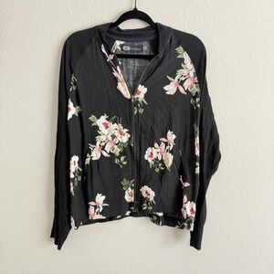 John‎ Eshaya Jacket Womens Extra Large Black Floral Zip Front Rayon Crepe USA
